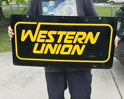 Vintage Western Union Double Sided Metal Sign 30” X 15.5” Original Yellow Black • $110.49