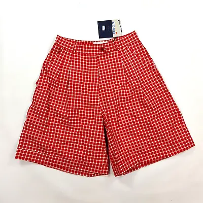 Vintage 90s Red Plaid Pleated Relaxed Women's Size 8 High Waist Outdoor Shorts • $16.99