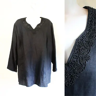 Womens 2X Plus Laura Ashley Black 100% Linen Tunic Shirt Long Sleeve Beaded Zip • £26.23