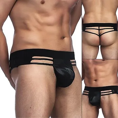 Men's Black Penis Pouch G-String Codpiece Strapped Faux Leather Underwear S M • £7.45