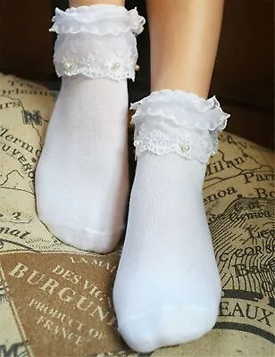 Women Girl Retro White Fancy Ankle Ruffle Frilly Pearl Short Lace Cotton Socks • $10.50