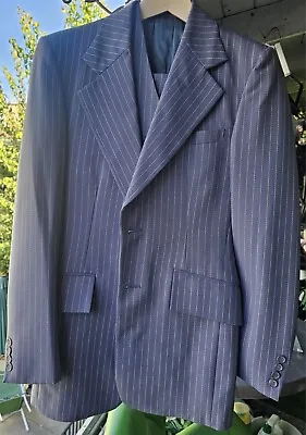 Mens Vintage Blue 3 Piece Pinstrip Suit Waist 32 Chest 38L 1977 Nulook Designs • $115