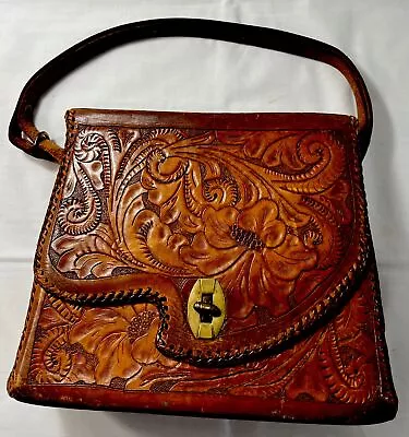 Vintage Hand Tooled Brown Leather Purse Cowgirl Western Floral Bag • $45