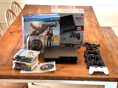 Sony PlayStation 3 Slim PS3 320GB Black Uncharted 4 Controllers 8 Games LOT • $50