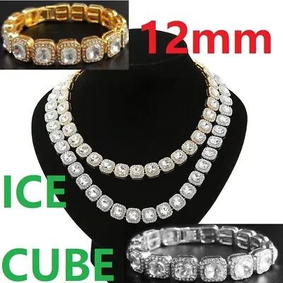 12mm Ice Cub Bling Men Cuban Link Chain Hip Hop Miami Diamond Iced Necklace Out • £8.98
