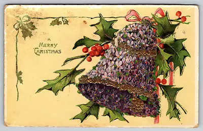 C1900s Merry Christmas Bell Made From Flowers Purple Antique Postcard • $4.99