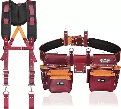 Leather Tool Belt With Suspender Heavy Duty Natural Cow Leather 17 Pocket Bag • $152.10
