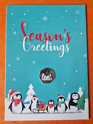 2017 Falkland Islands Christmas Penguin 50p Greeting Card BUNC • £15.95