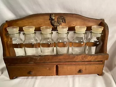 Herb Spice Wood Rack With Rooster Emblem Glass Jars & Plastic Caps Rare Vintage • $39