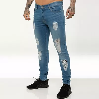 Enzo Mens Skinny Stretch Jeans Ripped Distressed Slim Fit Denim Trousers Pants • £9.99