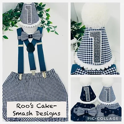 Baby Boys Gingham 1st First Birthday Cake Smash Party Outfit PropNavy Cotton • £12