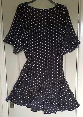 Polka Dot Summer Dress Wrap-over Retro 50s Black White Asymmetrical Hemline UK18 • £8.89