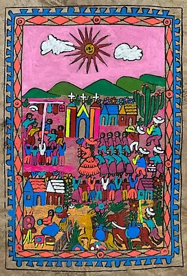 11 1/2 X 16  Mexican Folk Art Amate Bark Bird Cactus Flower Painting Aztec  • $20.99