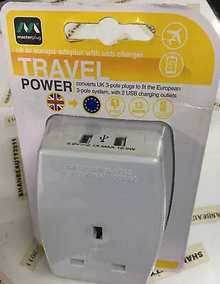 #Masterplug UK - EU European Combined Travel Adaptor 2.1A + 2x USB Sockets White • £8.99