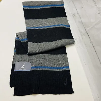 Nautica Mens Scarf Wool Knit Blend Black Gray Blue Striped Winter NEW • $27.99