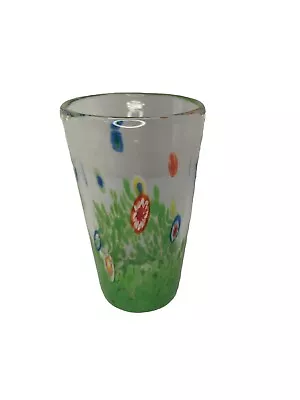 Millefiori Tumbler Drinking Glass Hand Blown Glass Green Bubbles Confetti Large • $24.99