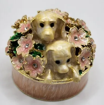 Rhinestone Puppies In Flowers Enamel Trinket Box 2  • $8