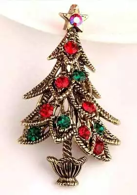 Vintage Look Stunning Diamonte Gold Plated Christmas Tree Brooch Cake Pin B48z • £14.03