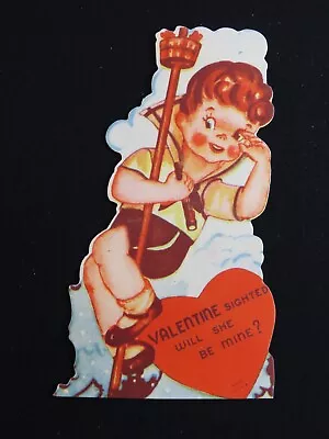 Vintage Valentines Day Card Die Cut Boy On Pole Looking For Valentine Girl C1634 • $6.15