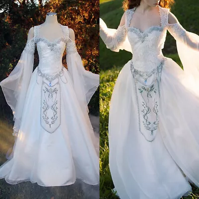 Medieval Wedding Dresses Long Sleeves Tulle Beading Victorian Bridal Gowns • $177