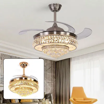 Retractable LED Ceiling Fan Light Remote Control Crystal Chandelier Living Room • $129