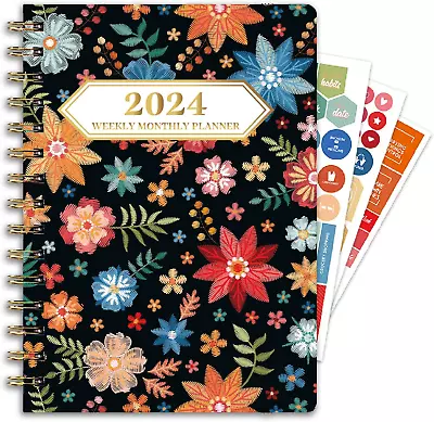 2024 Planner Weekly Monthly JAN-DEC 8.4 X6  Spiral With Stickers Tabs Floral 01 • $15.99