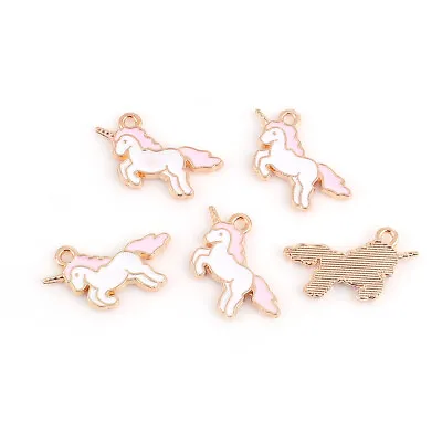10 Unicorn Charms - Mystical Pony - Pink & White On Gold Tone - 22mm - J102844G • £4.09