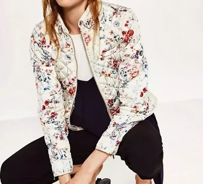 Zara Floral Quilted Jacket Winter White Red Wild Flowers Womens Size XS • $49.99