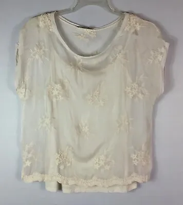 Angela Moda Blouse Womens Med Ivory Embroidered Floral Silk Short Sleeves Italy • $24.97