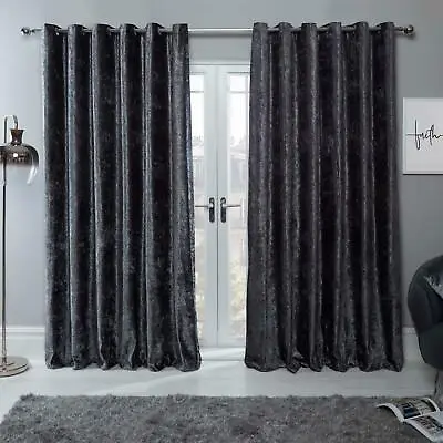 Sienna Pair Crush Crushed Velvet Curtains Fully Lined Eyelet Charcoal Dark Grey • £30.99