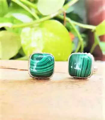 Handmade Malachite Green Stone Cufflinks Buttons In 925 Sterling Silver • $49.99