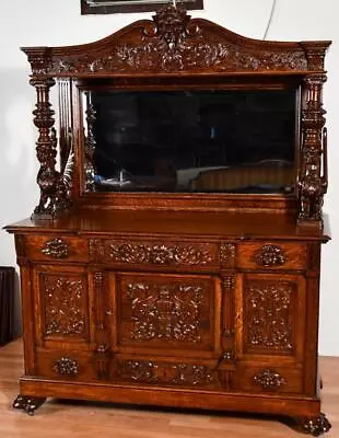 1880 Antique RJ Horner Tiger Oak Carved Winged Griffin Server Buffet Sideboard • $9950