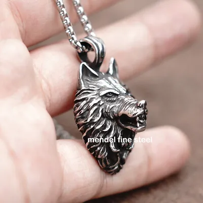 MENDEL Mens Stainless Steel Viking Fenrir Wolf Head Pendant Necklace Men Silver • $11.99