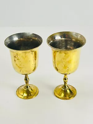 Vtg Two 5  Bright Brass Toasting Chalices Wine Liquor Goblet Drinkware • $24