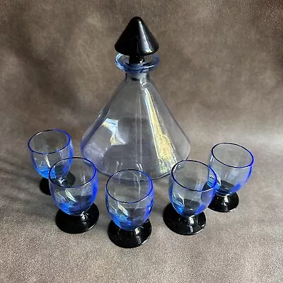 VINTAGE ART DECO 1930s BLUE GLASS SPIRITS LIQUER DECANTER SET W/ FIVE GLASSES • $48.27