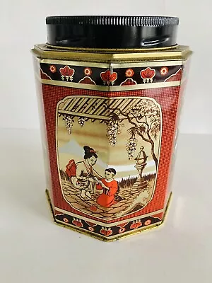 Vintage Chinese Asian Octagonal Tea /cookie Tin With Black Lid Lovely Designs • $12.99