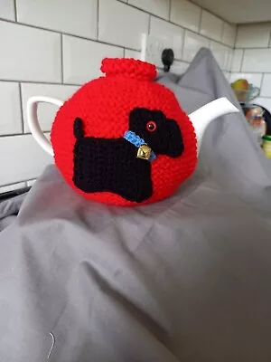 £5 • Buy Hand Knitted Tea Cosy Medium. Red Decorated With A  Crochet Scottie Dog 