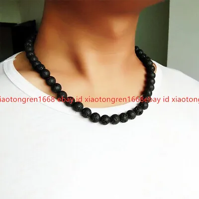 Men Necklace 6mm 8mm Black Volcanic Lava Stone Choker Rock Beads Chains Necklace • $3.99