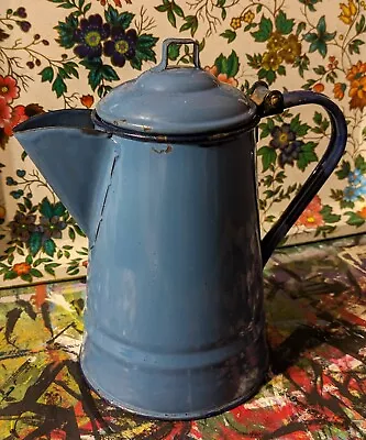 Vintage Blue Enamel Coffee Pot Kettle Percolator Farmhouse Kitchen Decor 8.5  H • $19