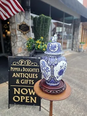 Grand Delft White And Blue Ginger Jar With Foo Dog Top  19thc • $380