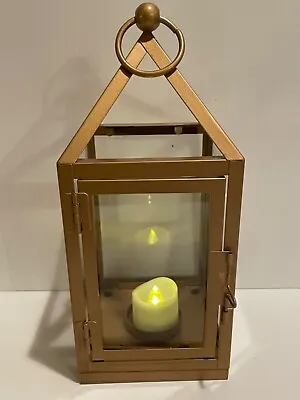 Gold Metal Lantern With LED Candle Battery Operated 9.5” Hanging Or Freestanding • $10