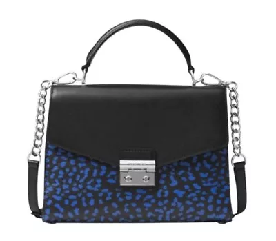 NWT Michael Kors Leopard Sloan Top Handle Electric Blue Black Satchel Crossbody • $145