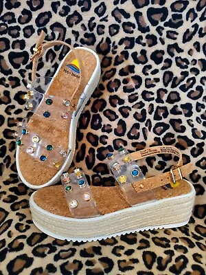 Maui Island Nani Wedge Sandals 7M Clear Straps Colorful Rhinestones NIB  • $25