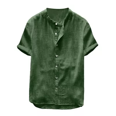 Mens Linen Casual Shirts Tee Collarless Grandad Button Down Short Sleeve Tops • £15.59