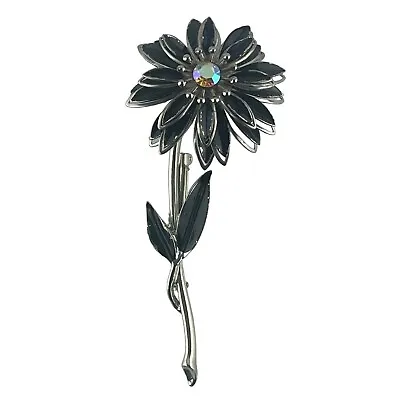 Vintage CORO Black Flower Brooch With Rhinestone 1960's Mourning Jewelry • $18