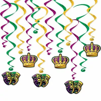 12 Mardi Gras Hanging Swirls Party Decorations Comedy Tragedy Masks Crown  • £7.44