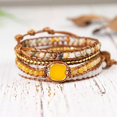 Natural Mookaite Boho Yellow Jade Stone Wrap Bracelet Gemstone Leather Braided • $24.59