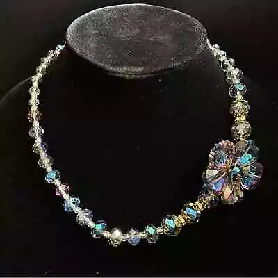 Vintage Kaleidoscope Crystal Beaded Collar With Flower Pendant • $64