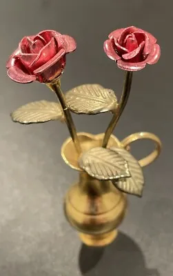 Vintage Dollhouse Miniature Artisan Rose In Brass Vase Flower Arrangement • $35