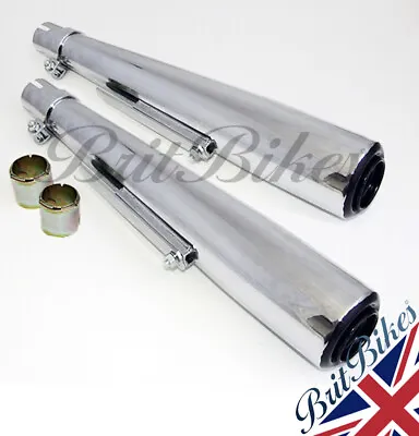 Pair Of Universal Chrome 20  Motorbike Megaphone Exhaust Silencers Custom Cafe • £119.85